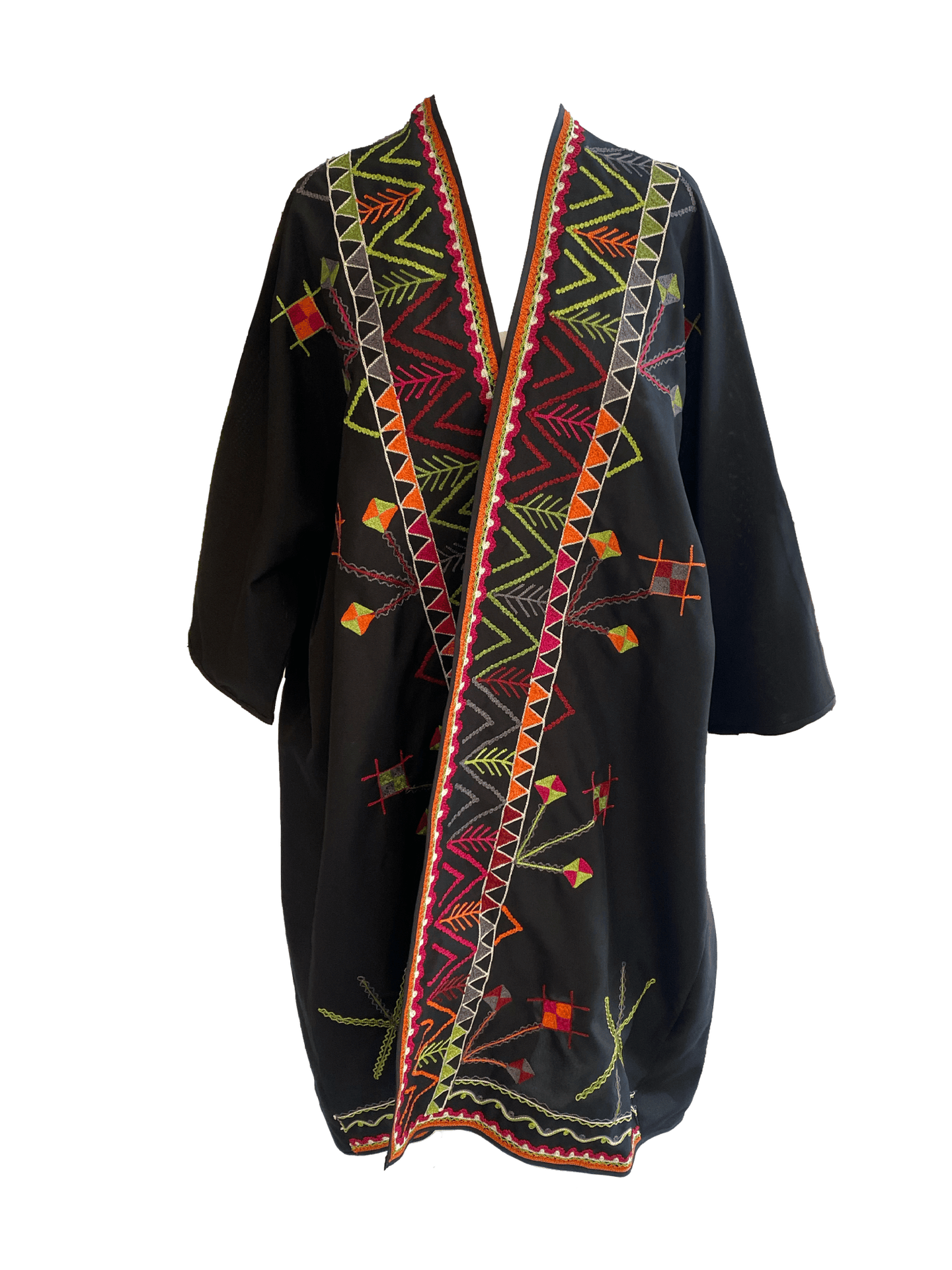 Abaya With Syrian Style Embroidery in Black with Green and Red Embroidery